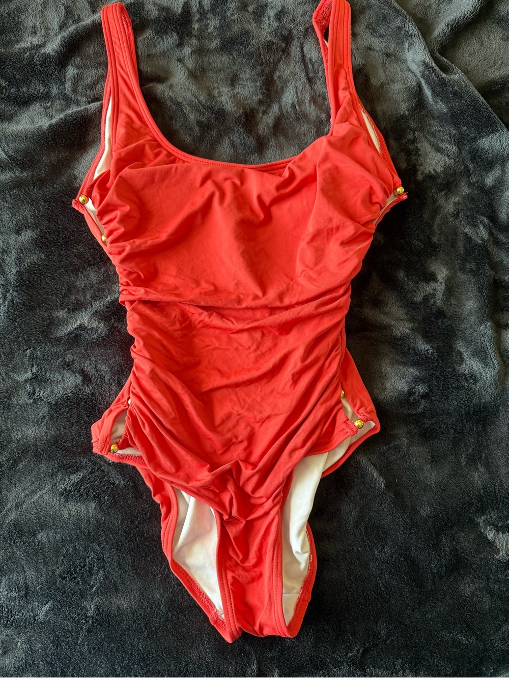 Carmen Marc Valvo Red Ruched One-Piece Swimsuit with Gold Accents